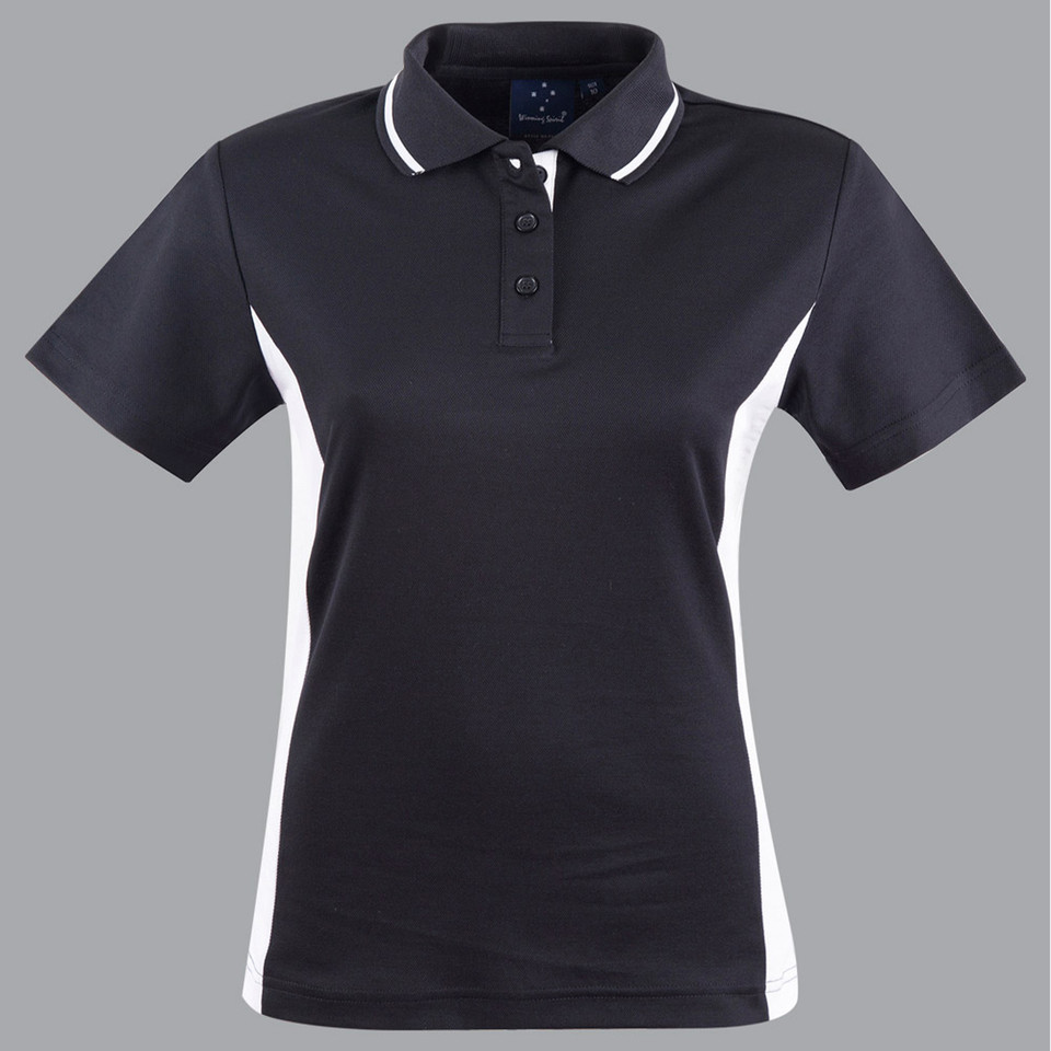 Navy ladies polo with white side panels and grey collar with white tipping