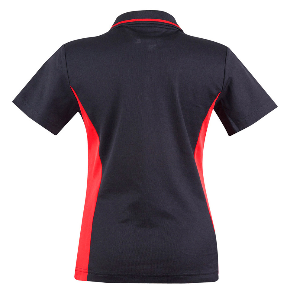 Navy polo shirt with red contrast side panels and collar trim, short sleeves, rear view showing smooth back panel