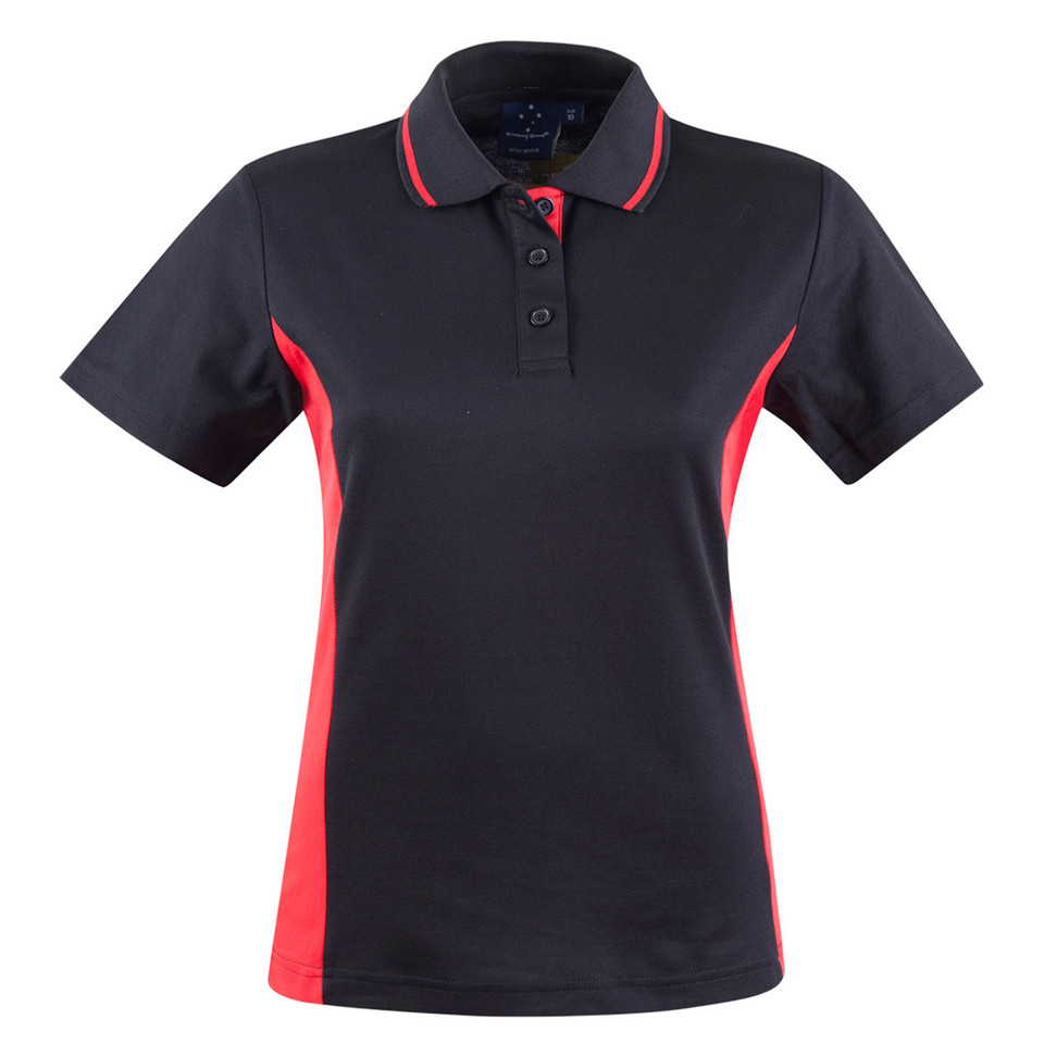 Navy ladies polo shirt with red contrast panels and collar tipping featuring button placket