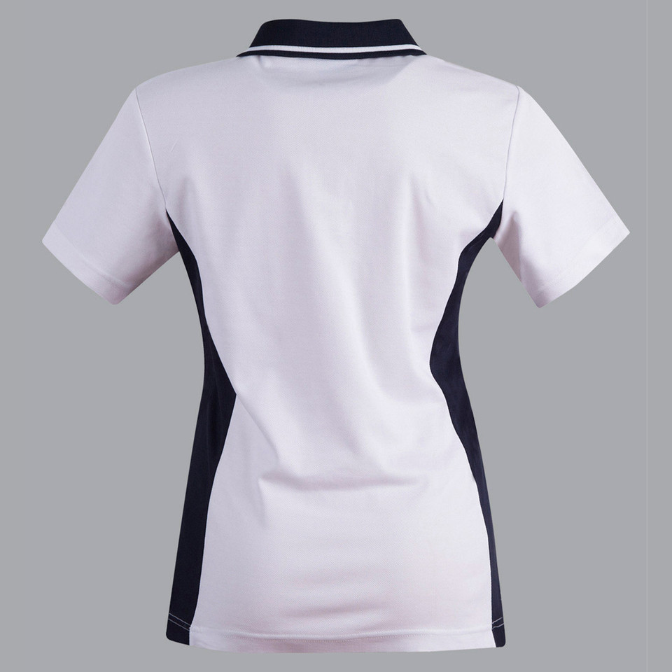 White ladies polo shirt with navy side panels and contrast collar, rear view showing TrueDry fabric construction