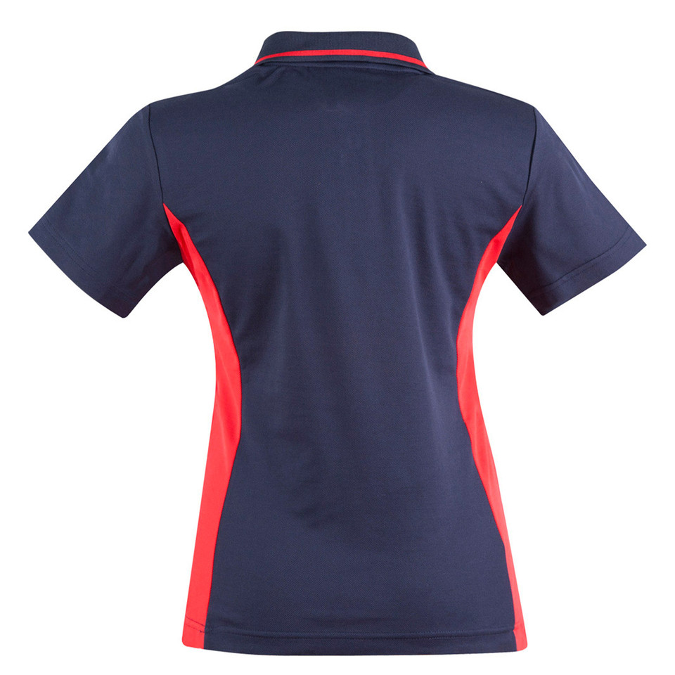 Back view of ladies navy polo shirt with red contrast side panels and collar trim, short sleeve