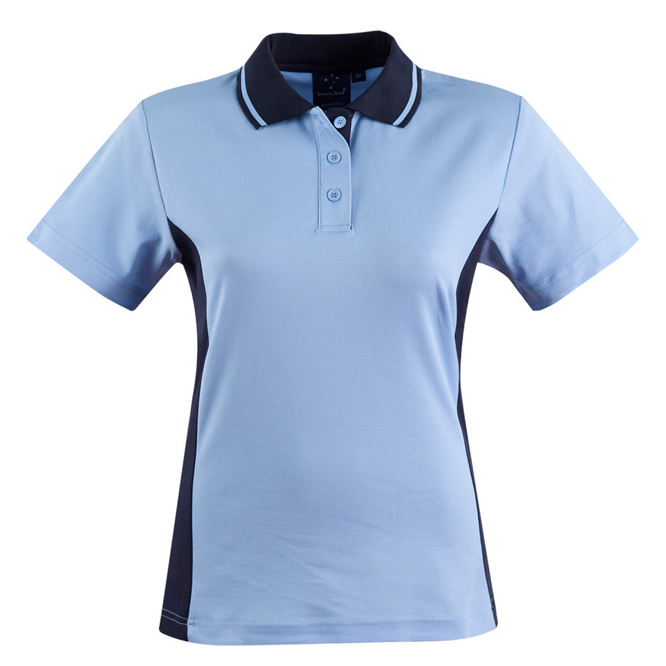 Ladies sky blue and navy contrast polo shirt with tipped collar and side panels