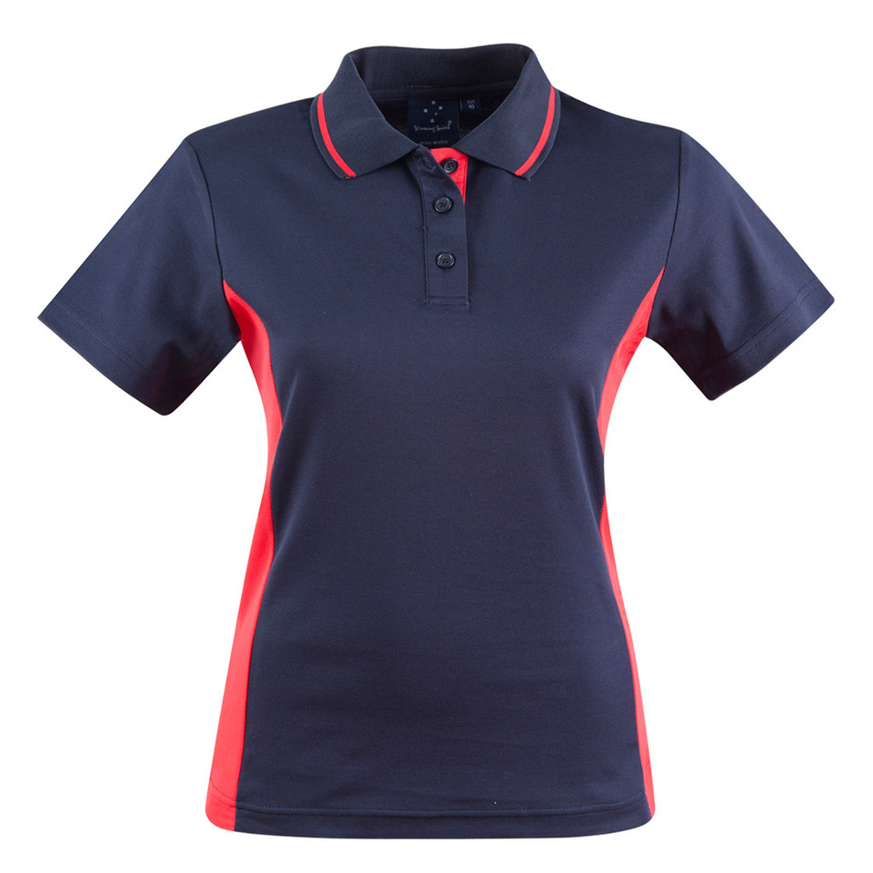 Ladies navy and red contrast polo shirt with three-button placket, tipped collar, and side panel inserts