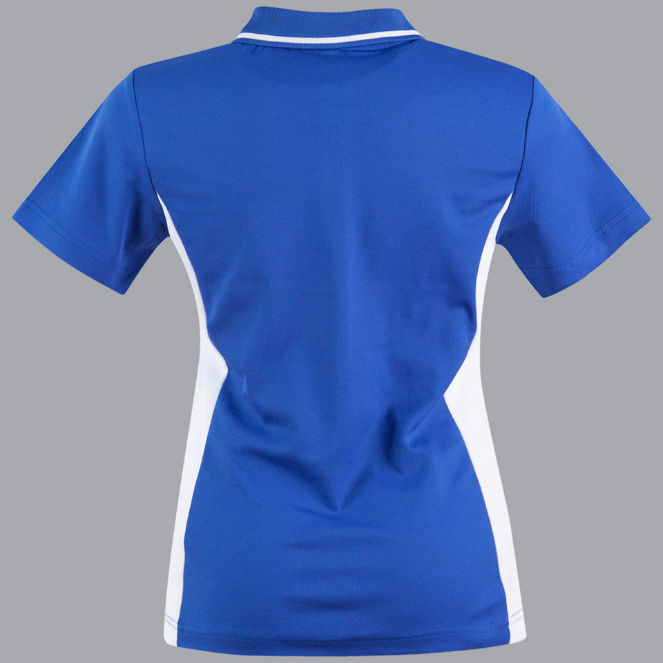 Royal blue ladies polo rear view with white contrast side panels and white tipped collar