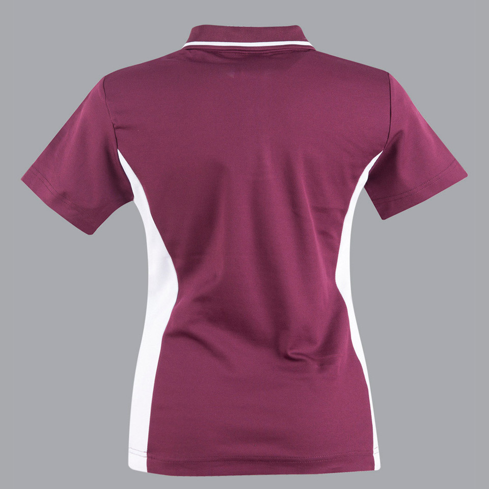 Back view of maroon ladies polo shirt with white side panels and contrast collar trim