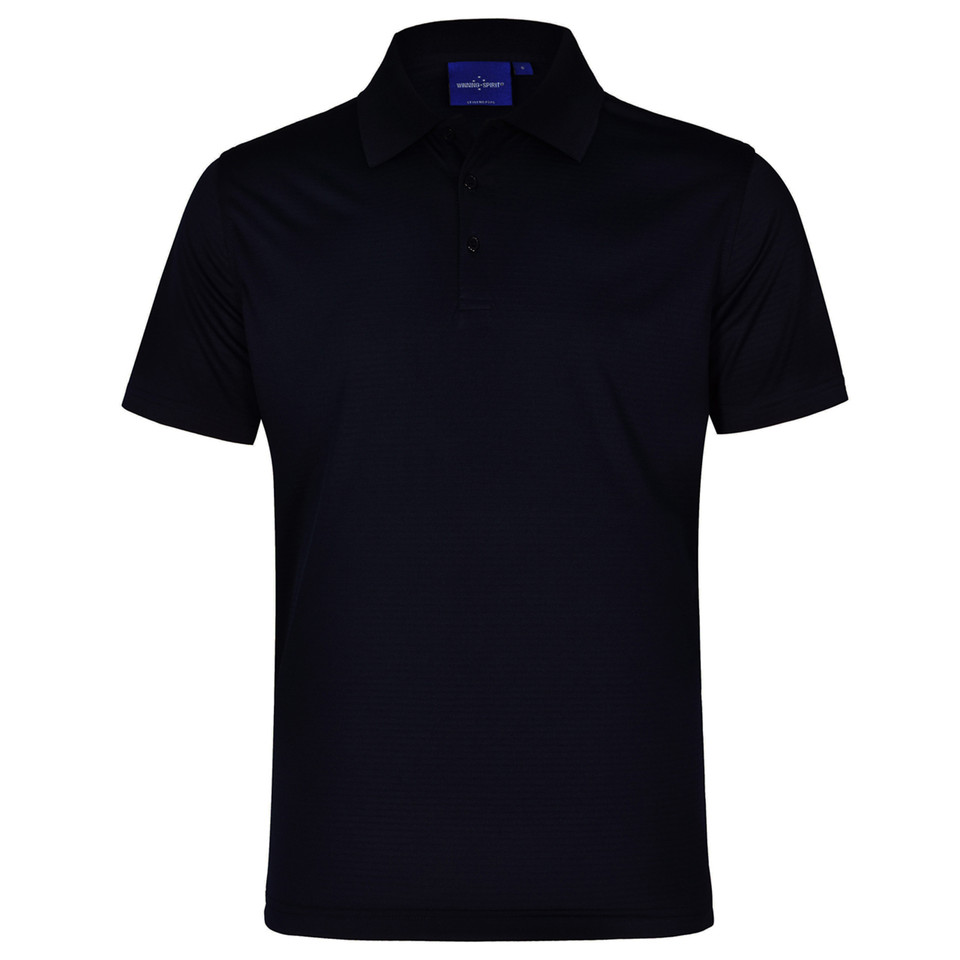 Navy blue polo shirt with textured self-striped fabric and collar