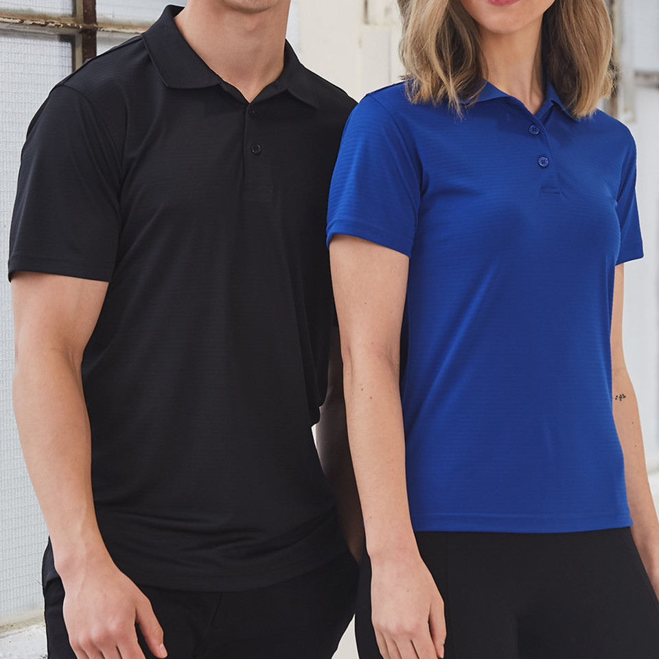 Black and royal blue CoolDry polo shirts with self-striped texture and classic collar styling