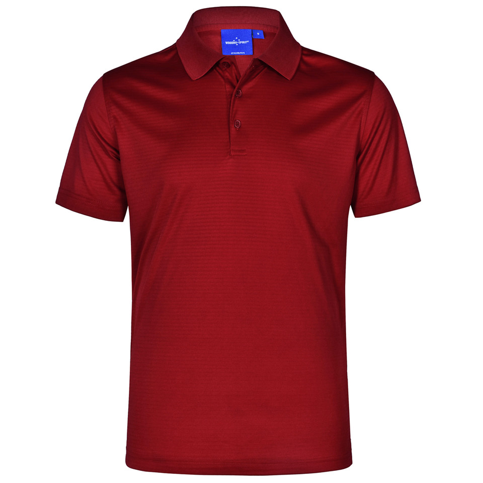 Deep burgundy red mens polo shirt with self-textured stripe pattern and classic collar