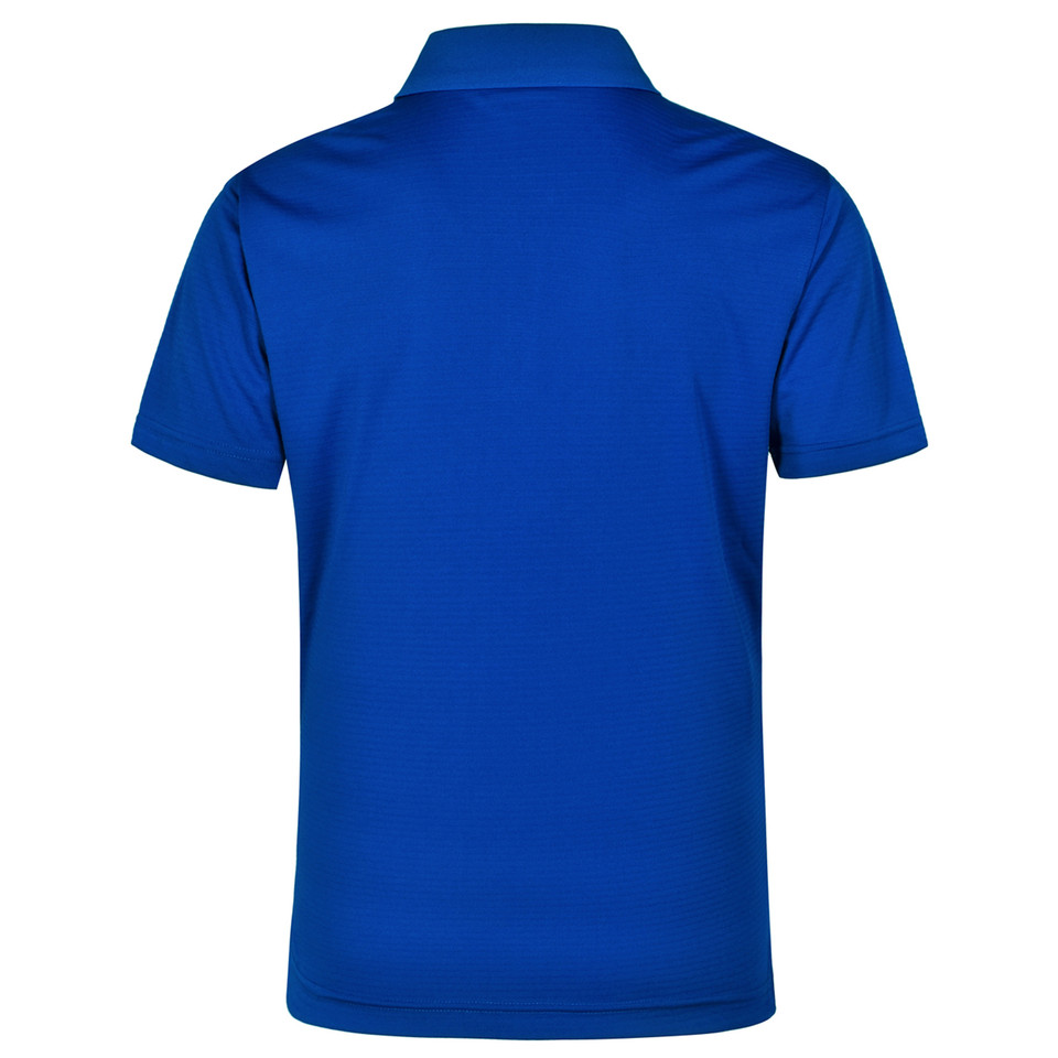 Royal blue polo shirt with self-striped textured fabric and collar, back view showing smooth decoration panel