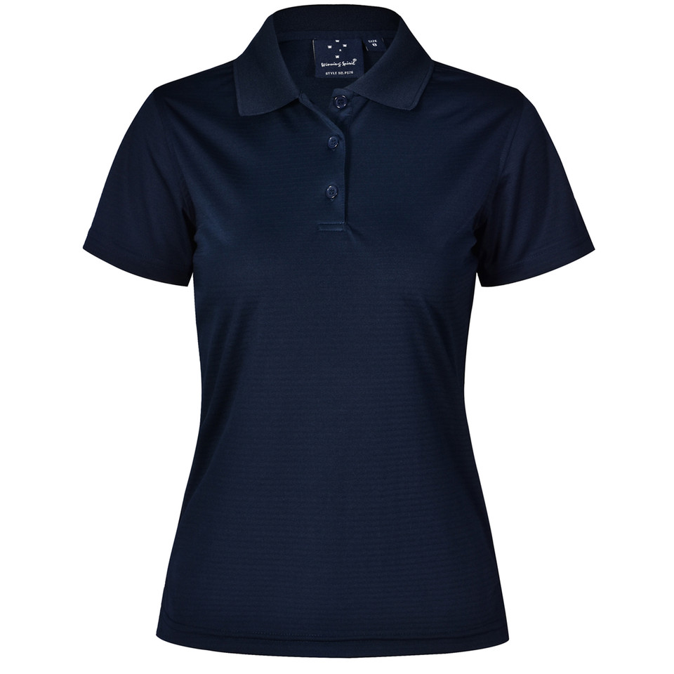 Navy women's polo shirt with self-striped texture and button placket