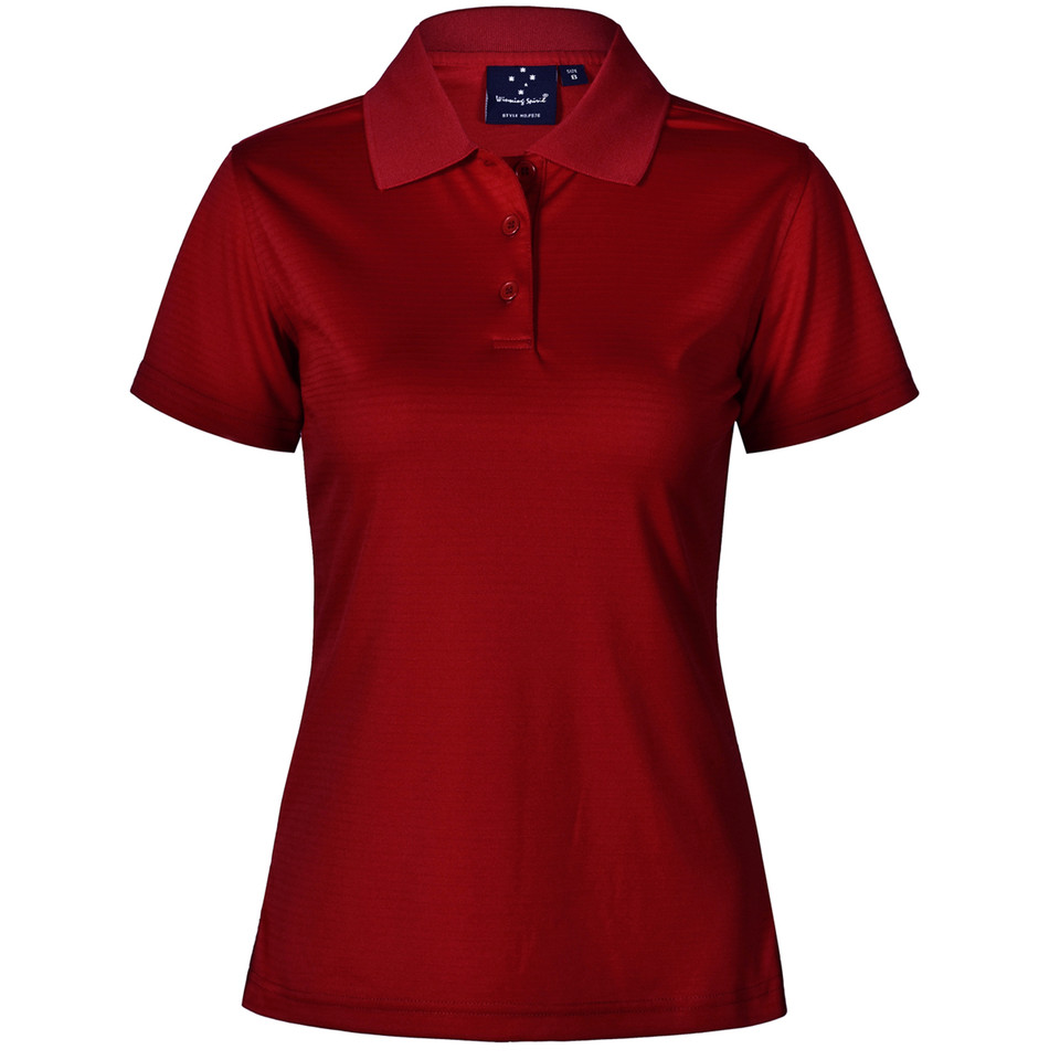 Women's deep red short-sleeve polo with self-stripe texture, three-button placket and fitted silhouette
