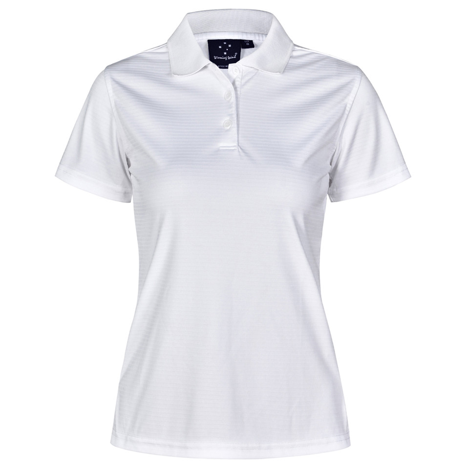 White ladies' polo shirt with self-striped texture and button placket