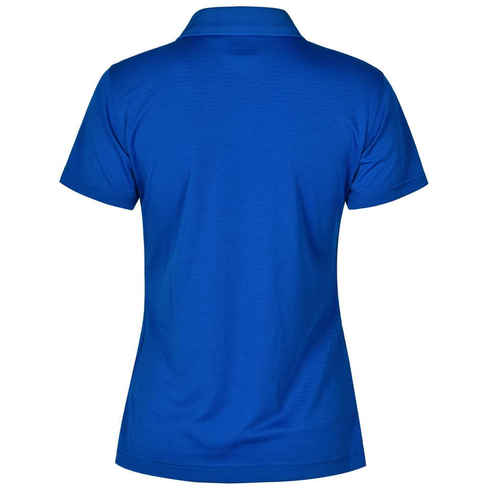 Royal blue ladies polo shirt with self-textured stripe pattern and flat knit collar, rear view