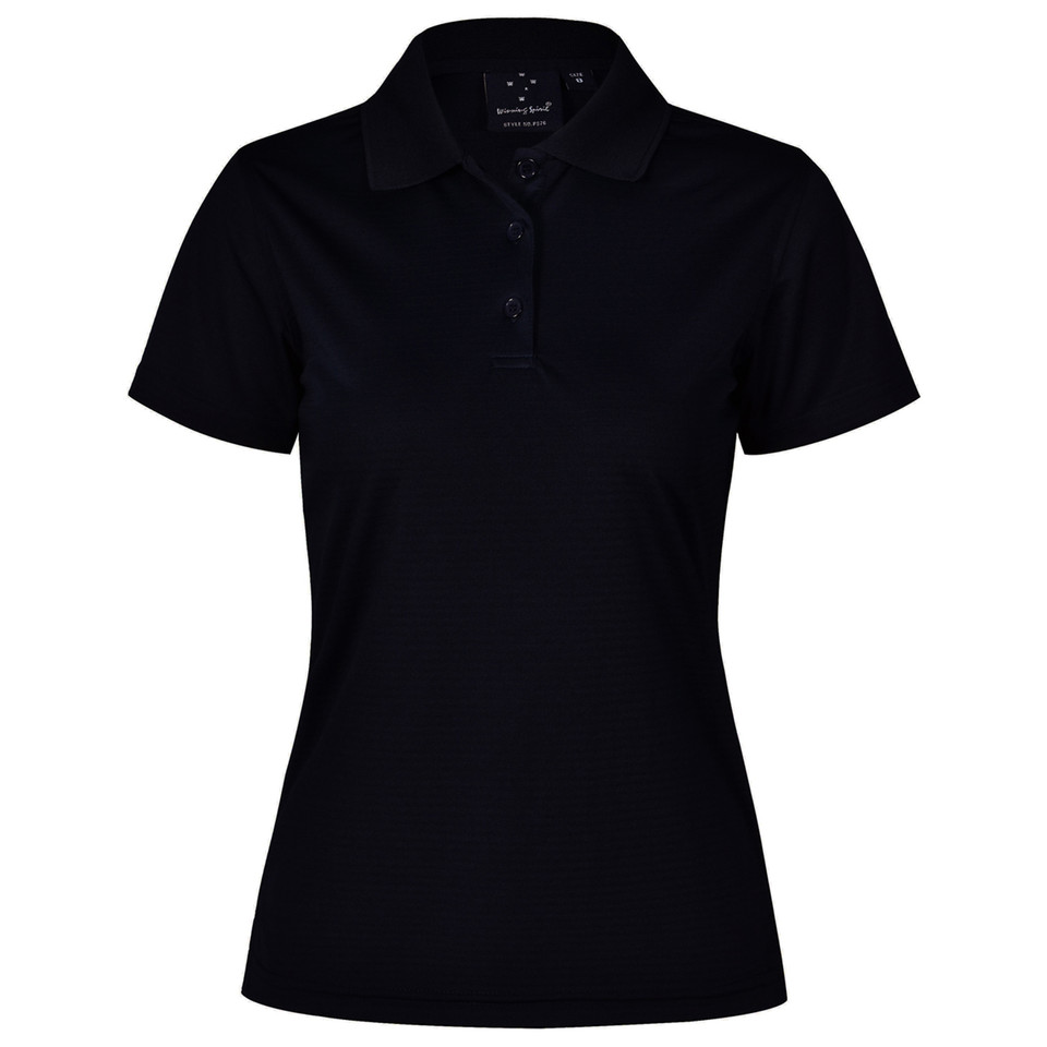 Black women's polo shirt with self-striped textured fabric and matching collar