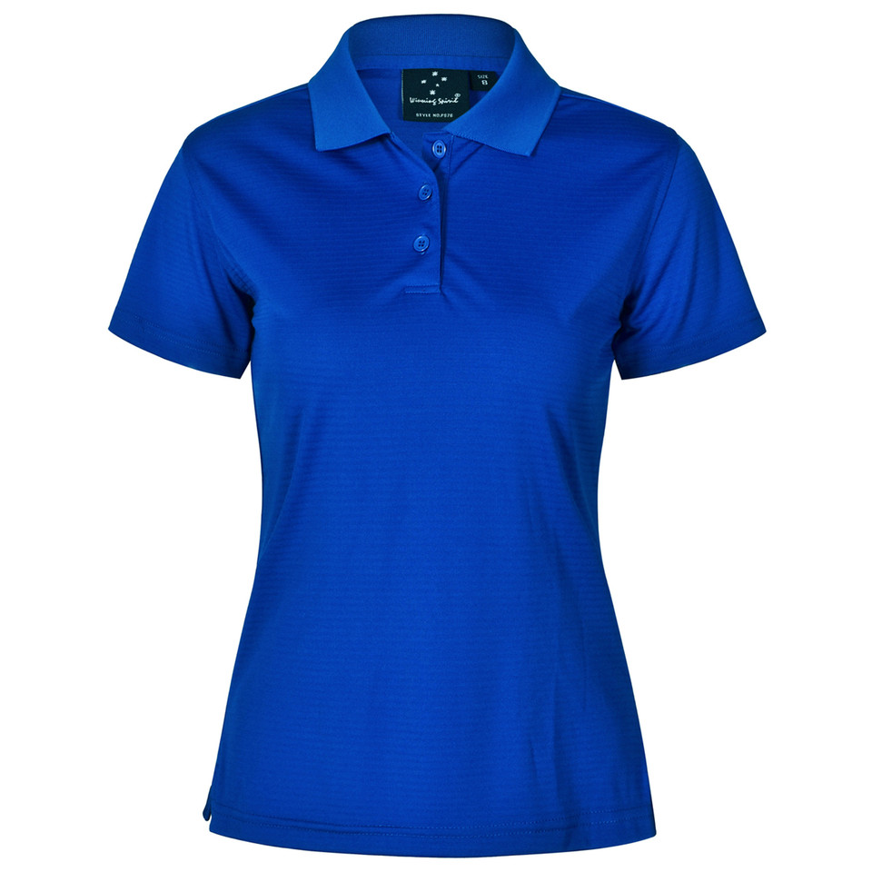 Royal blue ladies polo shirt with self-striped texture and contrast collar detail