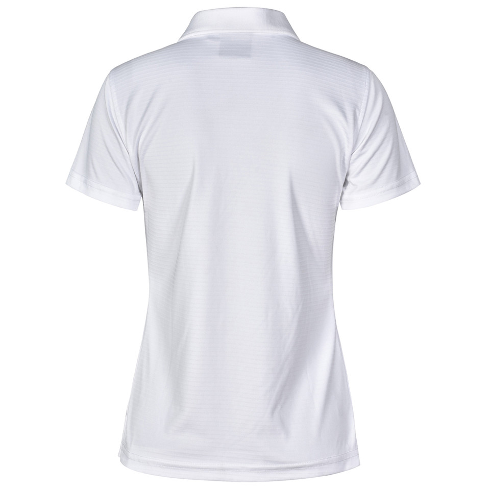 White ladies polo shirt with self-striped texture and collar, back view showing smooth flat panel for decoration