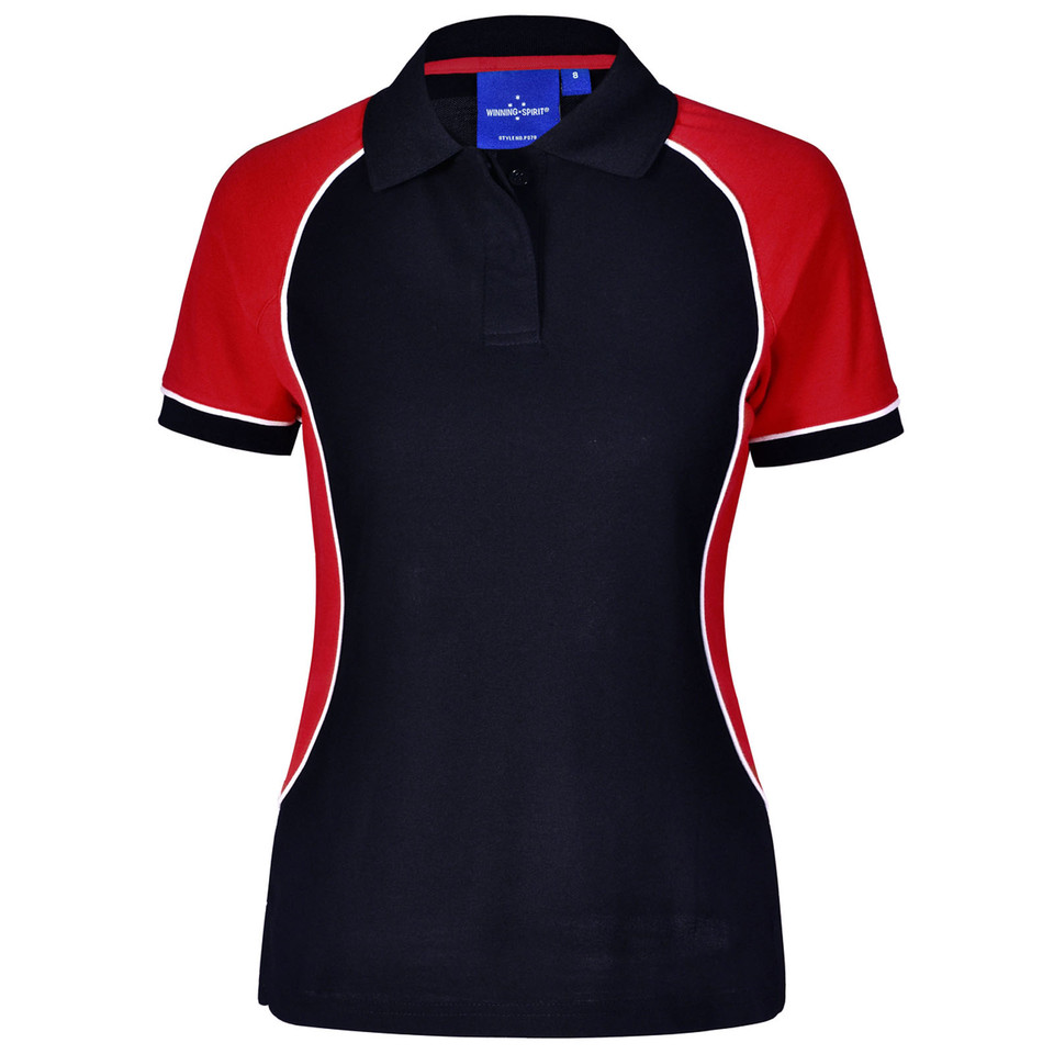 Navy polo shirt with red raglan sleeves and white contrast piping detail