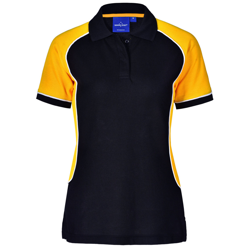 Navy+White+Gold Arcadia Ladies Truedry Tri-Colour Short Sleeve Pique Polo, a moisture-wicking and durable top ideal for corporate or active uniforms.