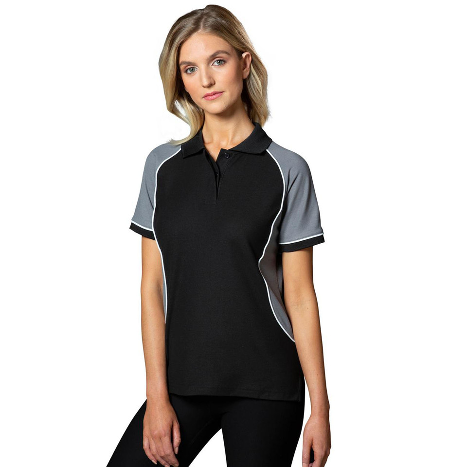 Women's black pique polo with grey side panels, white contrast piping, and three-button placket