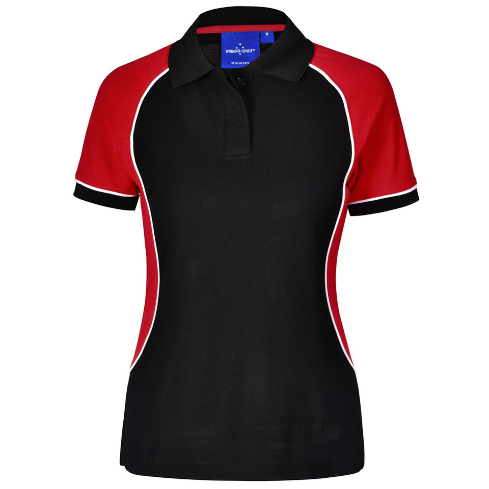 Black+White+Red Arcadia Ladies Truedry Tri-Colour Short Sleeve Pique Polo, a moisture-wicking and durable top ideal for corporate or active uniforms.