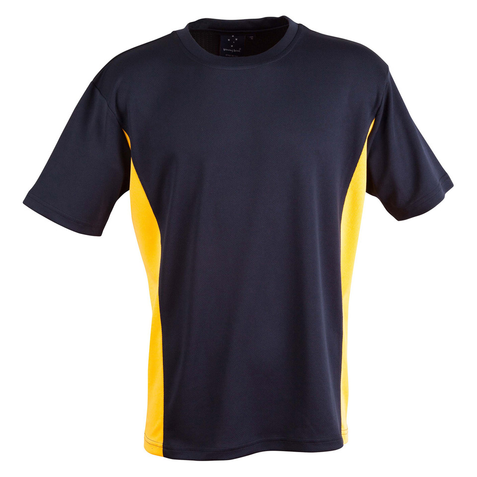 Navy+Gold Plain MEDAL children's quick-dry t-shirt in CoolDry mesh with contrast side panels, featuring moisture-wicking and UPF 30+ UV protection for team sports.