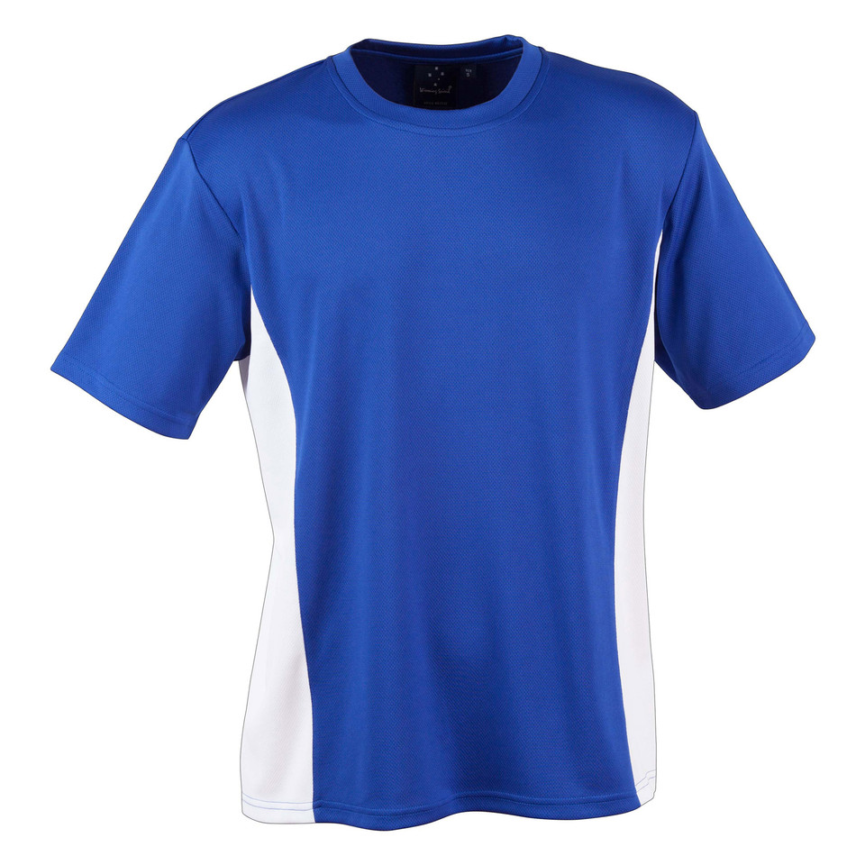 Royal+White Plain MEDAL children's quick-dry t-shirt in CoolDry mesh with contrast side panels, featuring moisture-wicking and UPF 30+ UV protection for team sports.