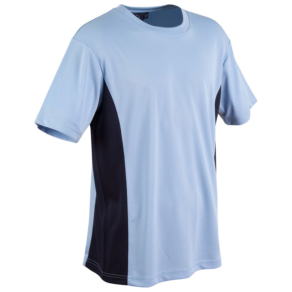 Sky+Navy Plain MEDAL children's quick-dry t-shirt in CoolDry mesh with contrast side panels, featuring moisture-wicking and UPF 30+ UV protection for team sports.