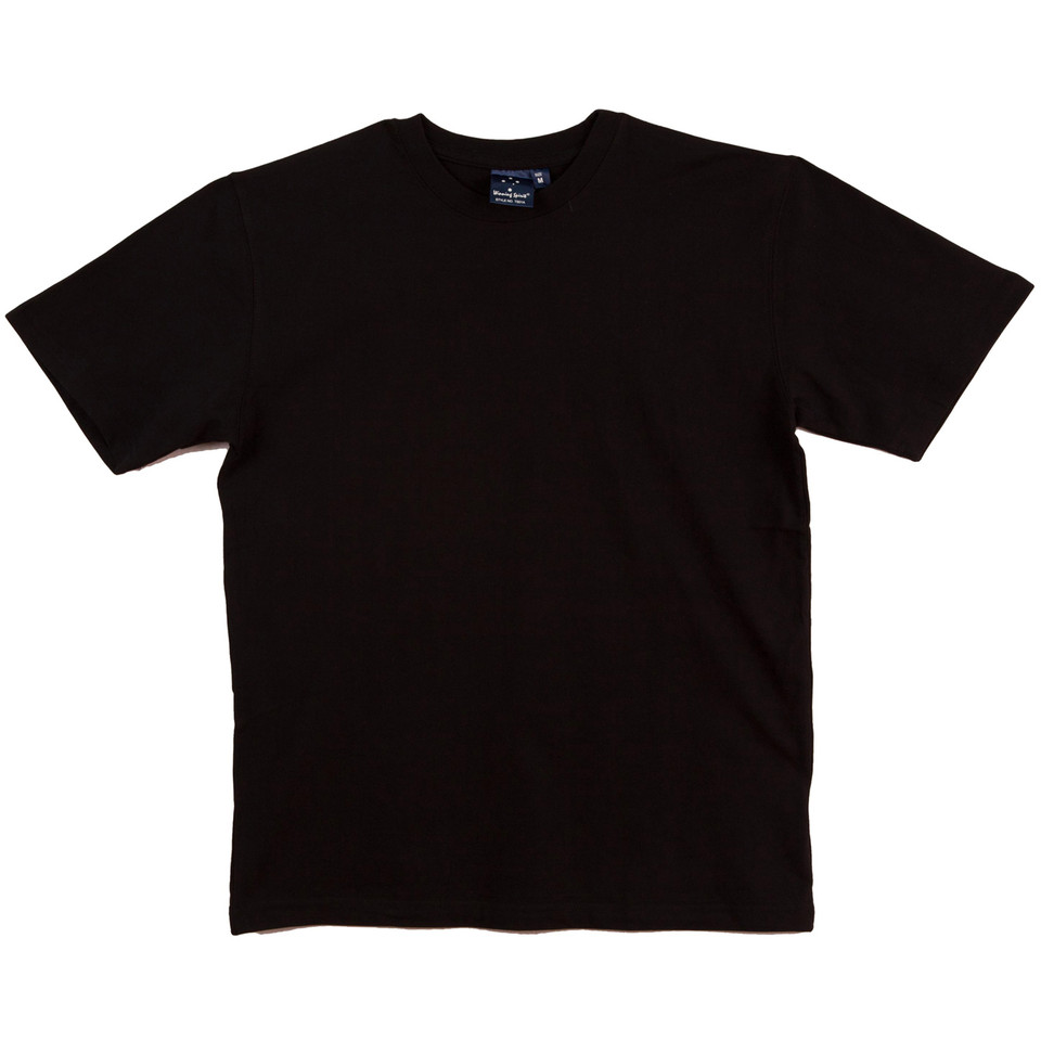 Black crew neck cotton t-shirt with short sleeves and smooth flat chest panel for decoration