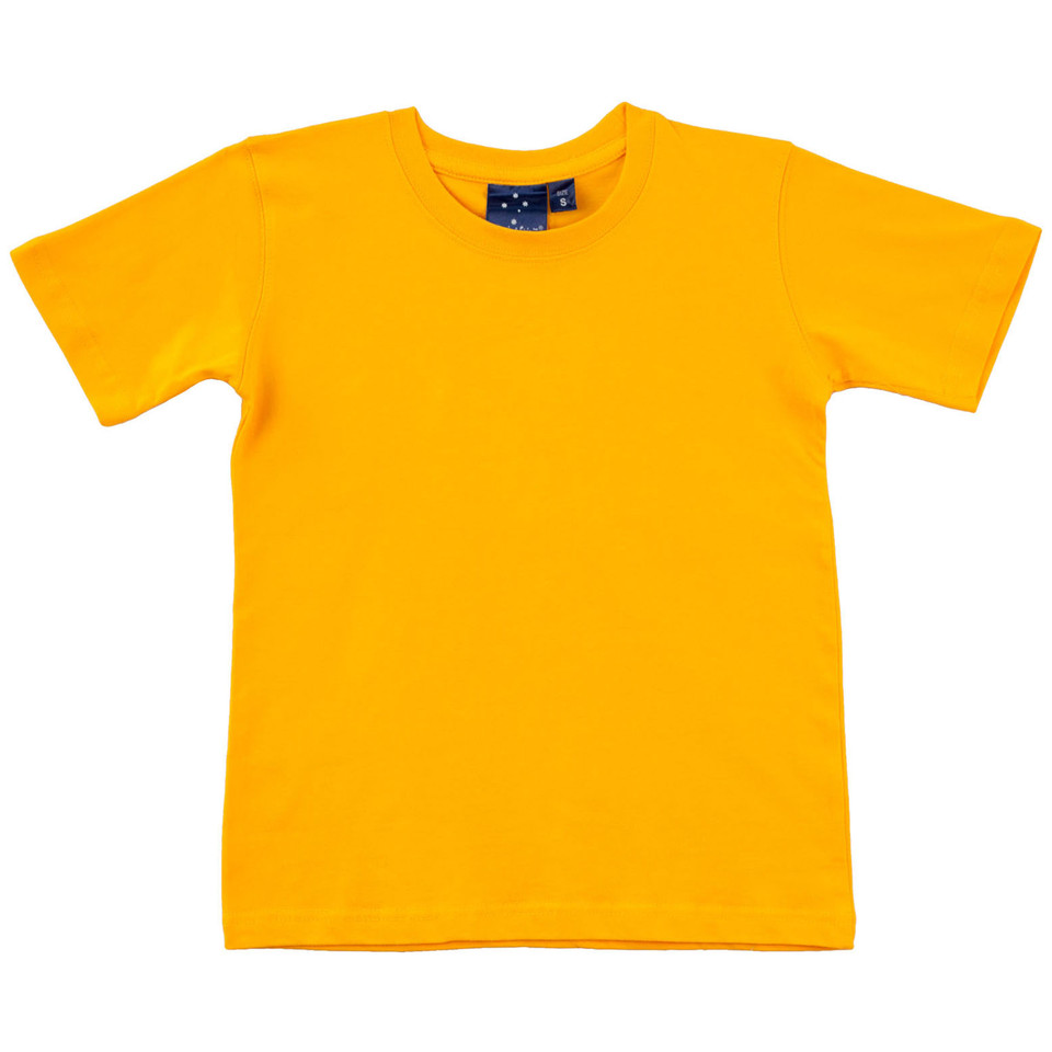 Blank kids traditional cotton crew neck gold t-shirt by PERK, 210gsm combed cotton jersey, ideal for school uniforms and bulk purchase, with UPF 50+ protection.