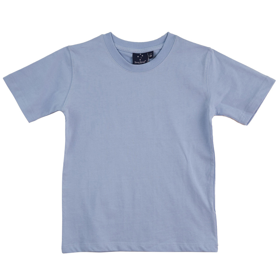 Periwinkle blue kids crew neck t-shirt with short sleeves and smooth flat chest panel for decoration