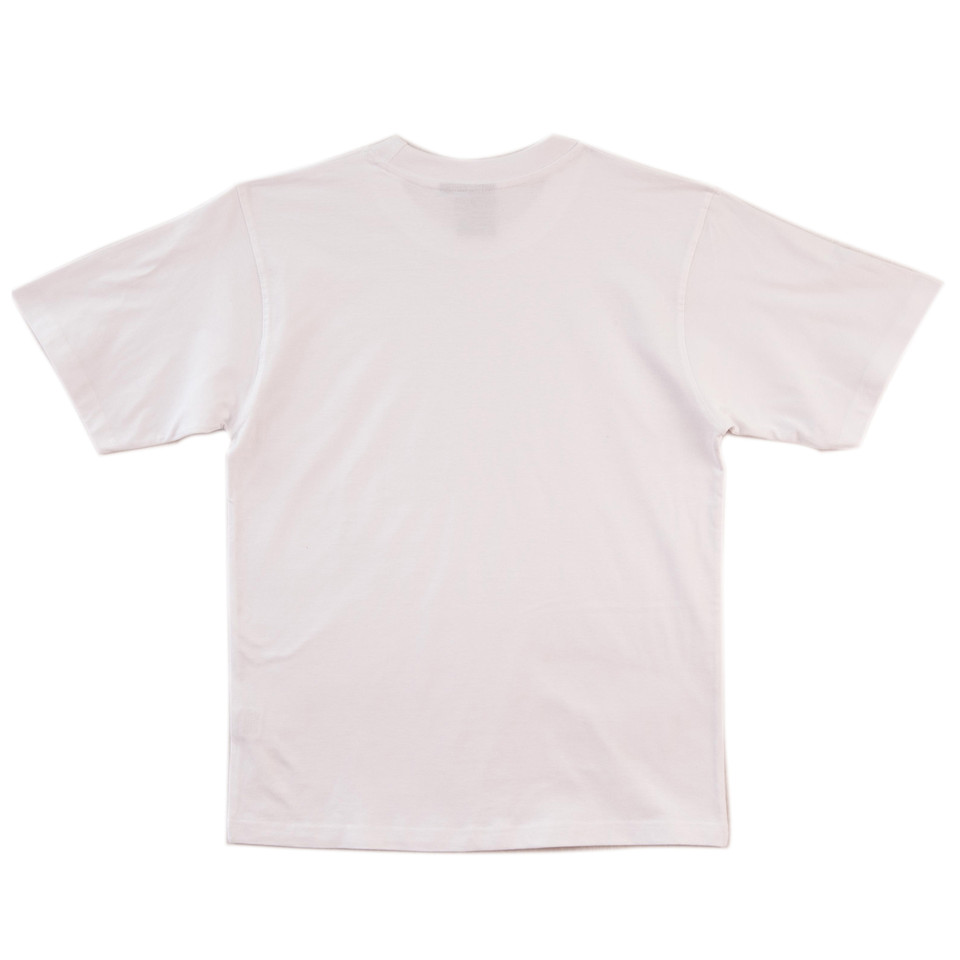 White cotton crew neck t-shirt with short sleeves shown from back with smooth flat surface for decoration