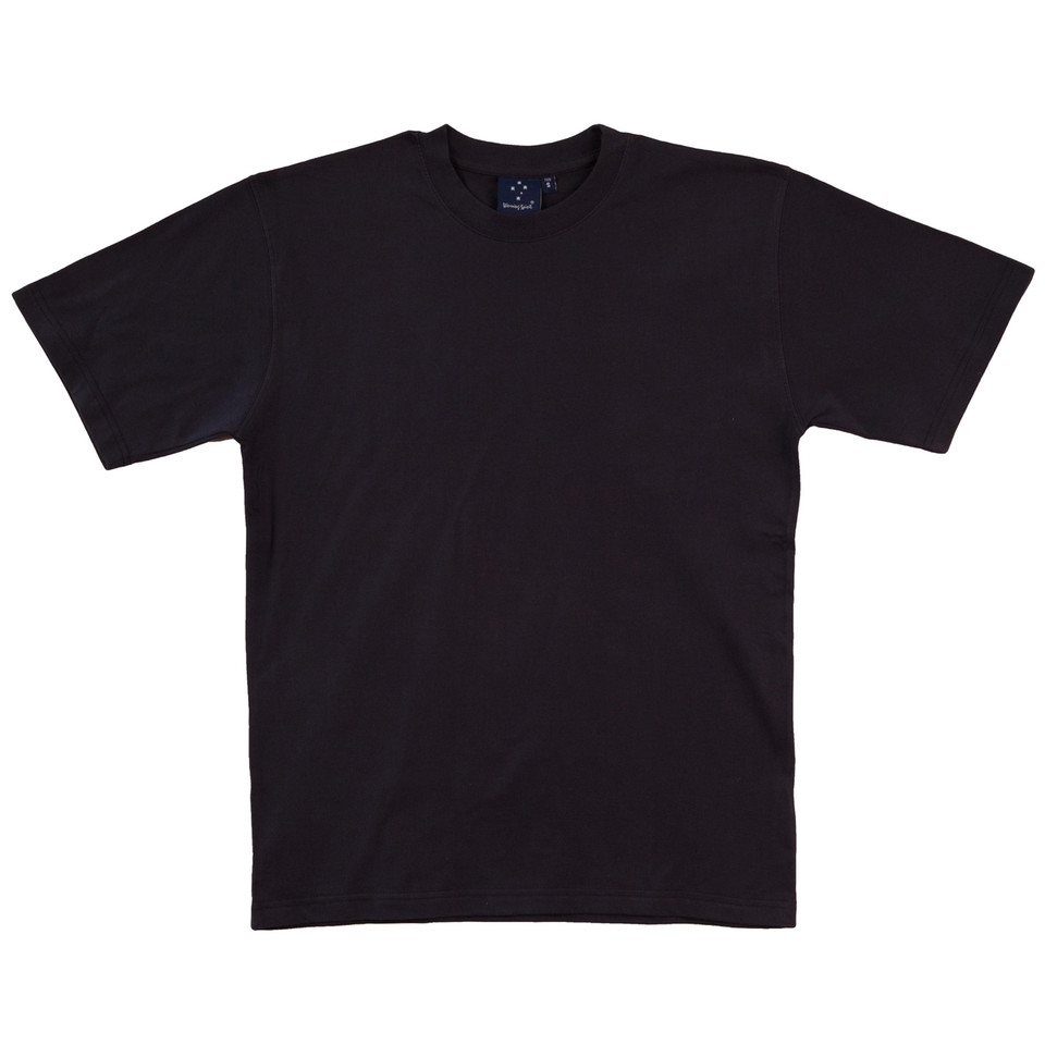 Black cotton crew neck t-shirt with short sleeves and ribbed neckline, flat lay view