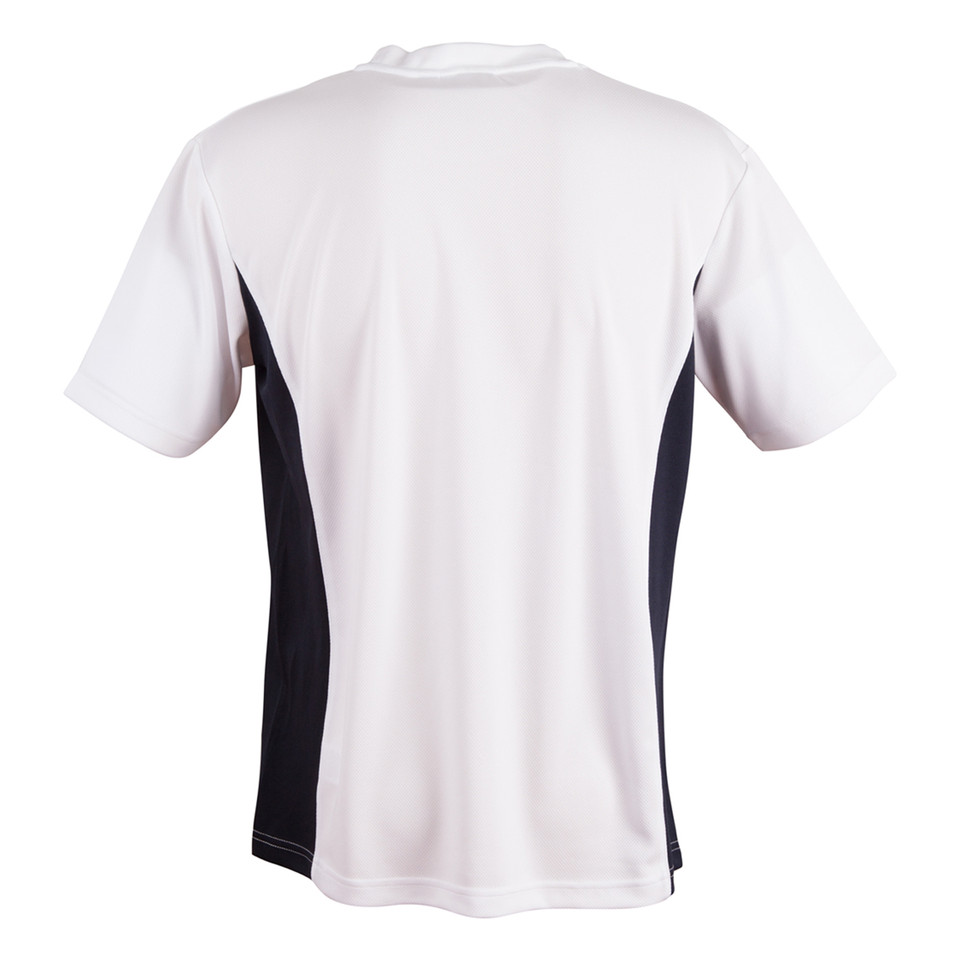 White CoolDry mesh tee with black contrast side panels and short sleeves shown from back