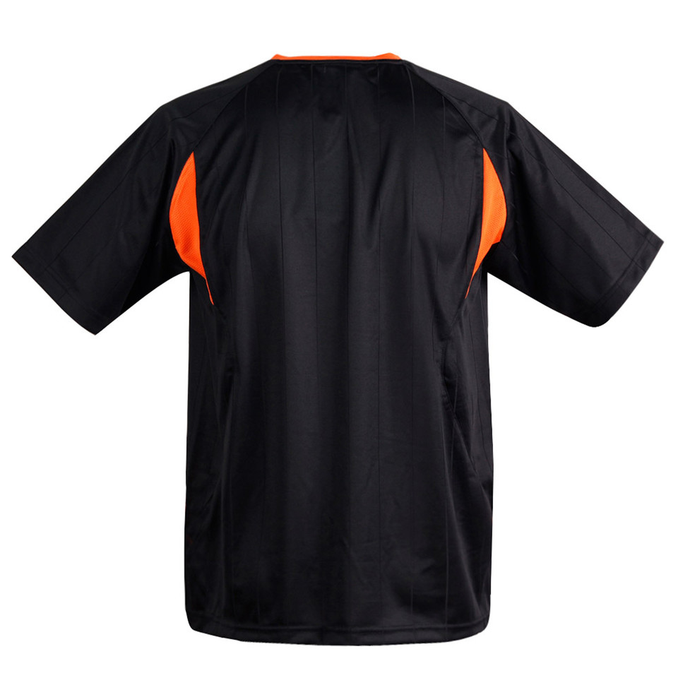 Black kids short sleeve soccer jersey rear view with flame orange contrast side panels