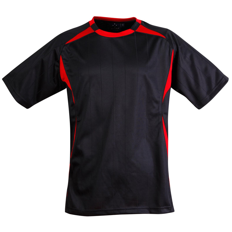 Black kids soccer jersey with red contrast panels on shoulders and sides