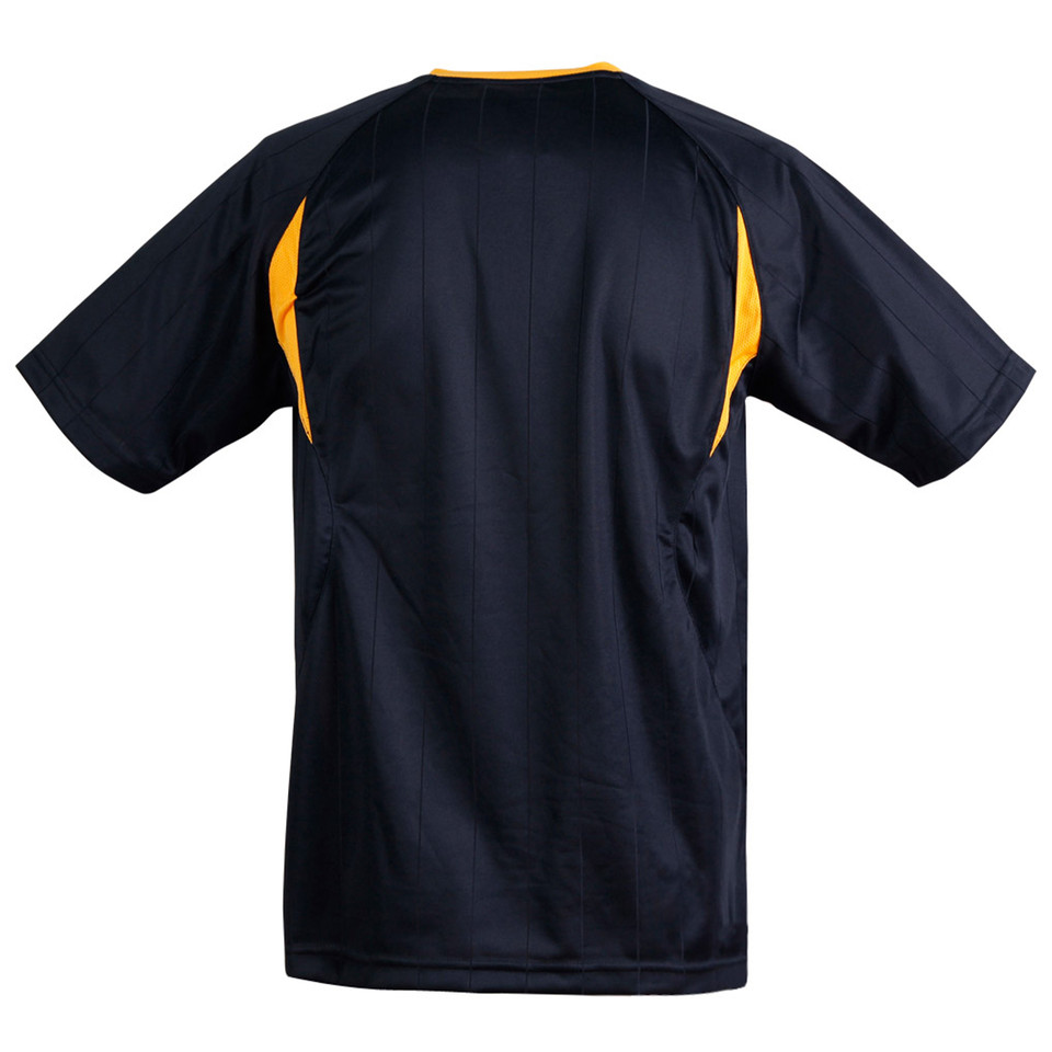 Navy and gold contrast panel kids short sleeve soccer jersey, rear view showing curved side inserts