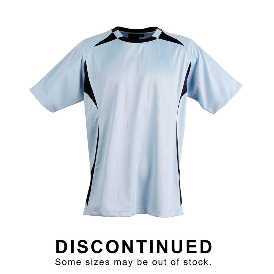 Light blue kids soccer jersey with navy contrast panels on shoulders and sides