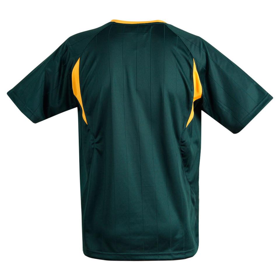 Back view of kids forest green CoolDry soccer jersey with gold contrast side panels