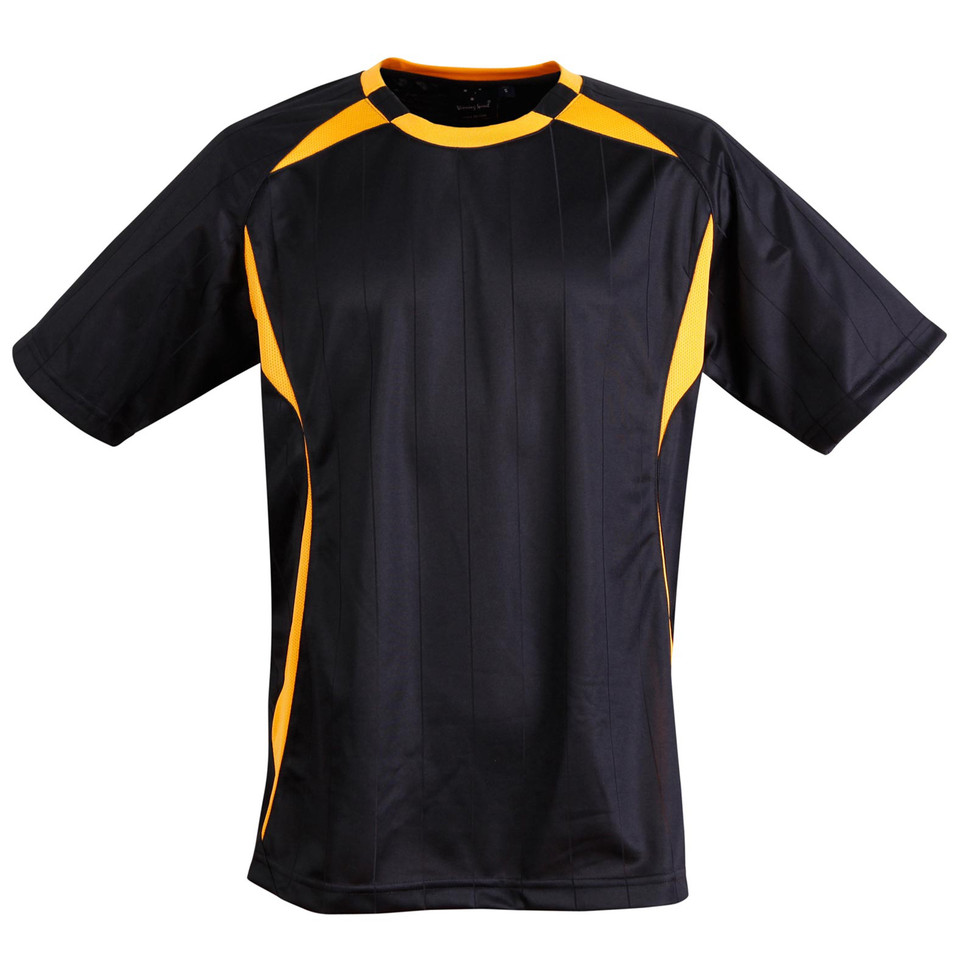Black sports jersey with gold contrast panels on shoulders and sides, crew neck with gold trim