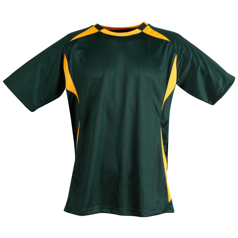 Kids bottle green and gold CoolDry soccer jersey with contrast side panels and crew neck