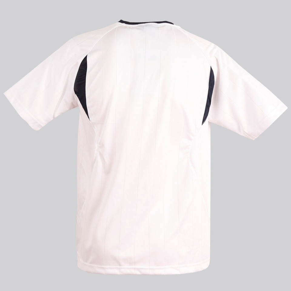 Back view of white kids soccer jersey with navy contrast side panels and raglan sleeves