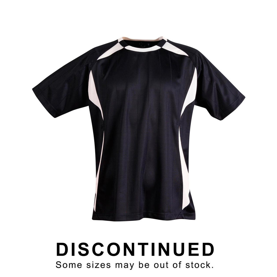 Kids black CoolDry soccer jersey with white curved side panels and crew neck, flat lay