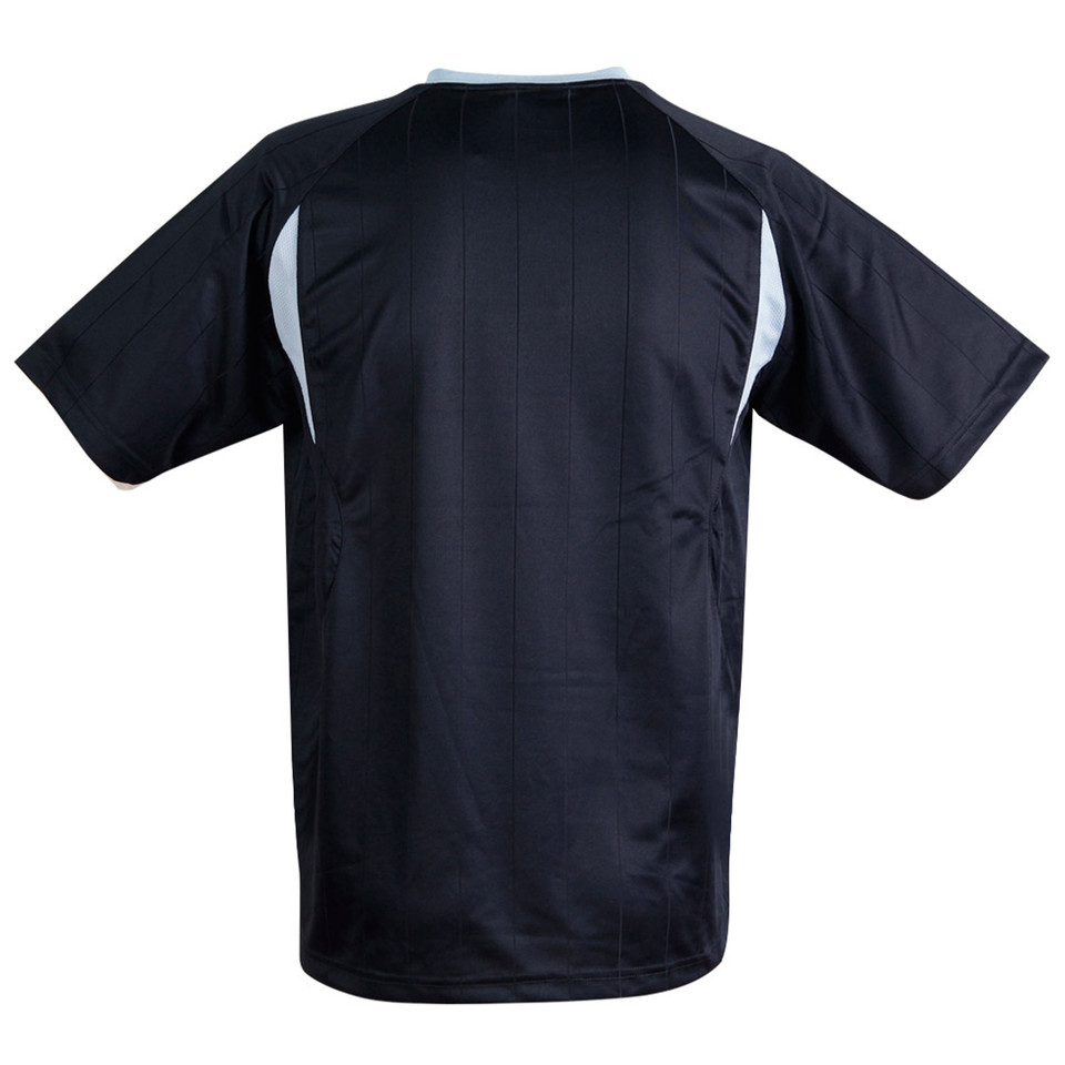 Navy sports jersey with white side panels and contrast detailing, back view showing flat print area