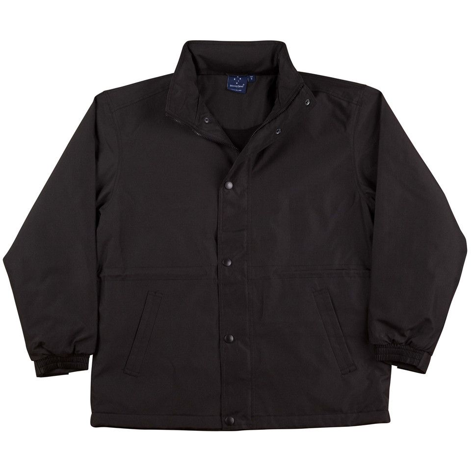 Black polar fleece jacket with snap button front closure, stand-up collar, and side pockets with elastic cuffs