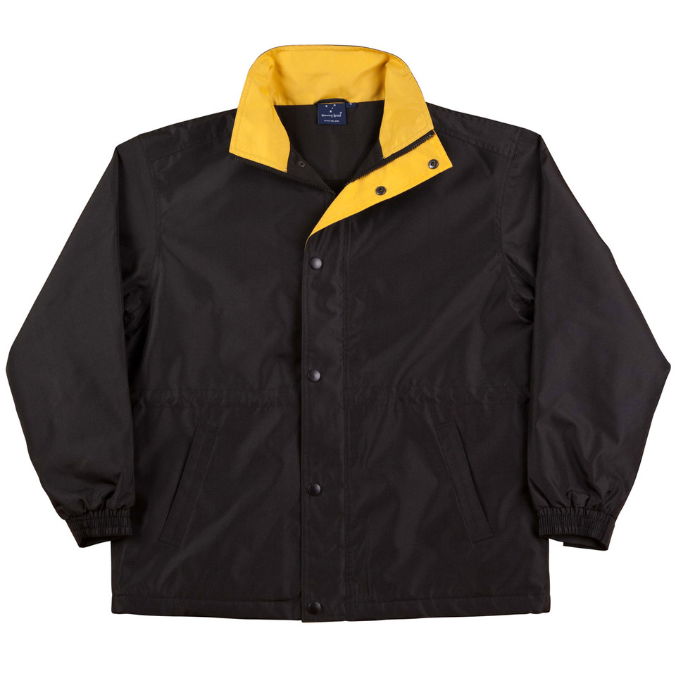 Black fleece jacket with golden yellow contrast collar and snap button placket