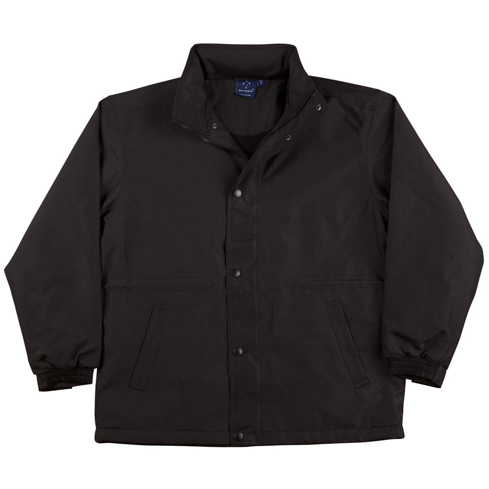 Black polar fleece jacket with snap button closure, high collar, and front pockets
