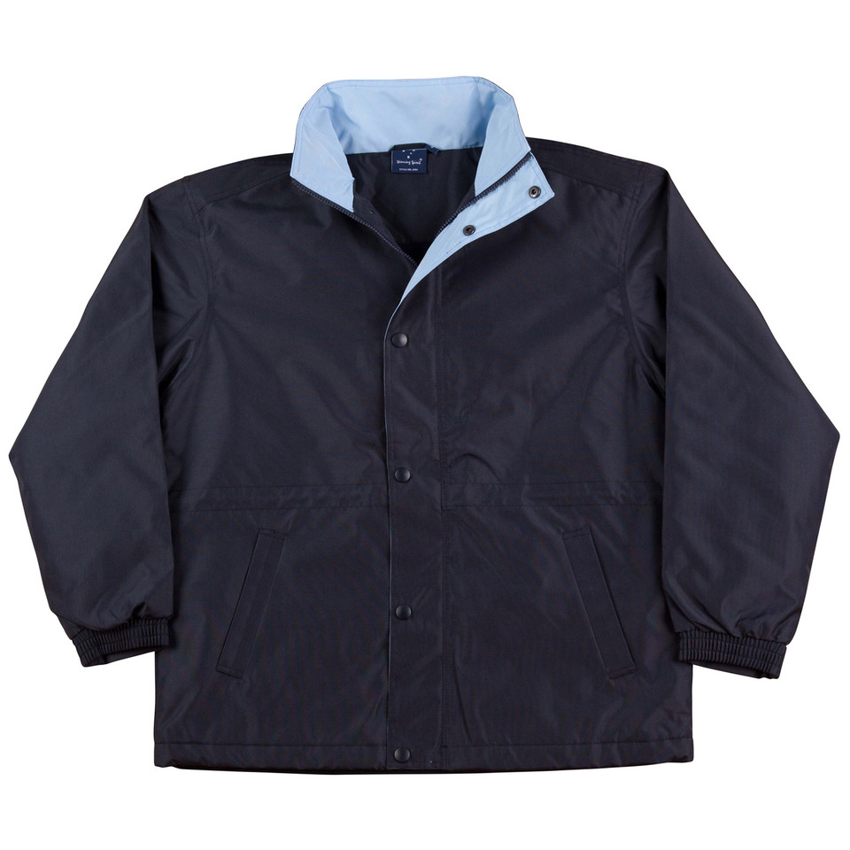 Navy jacket with light blue contrast collar and snap-button front closure featuring front pockets and elastic cuffs