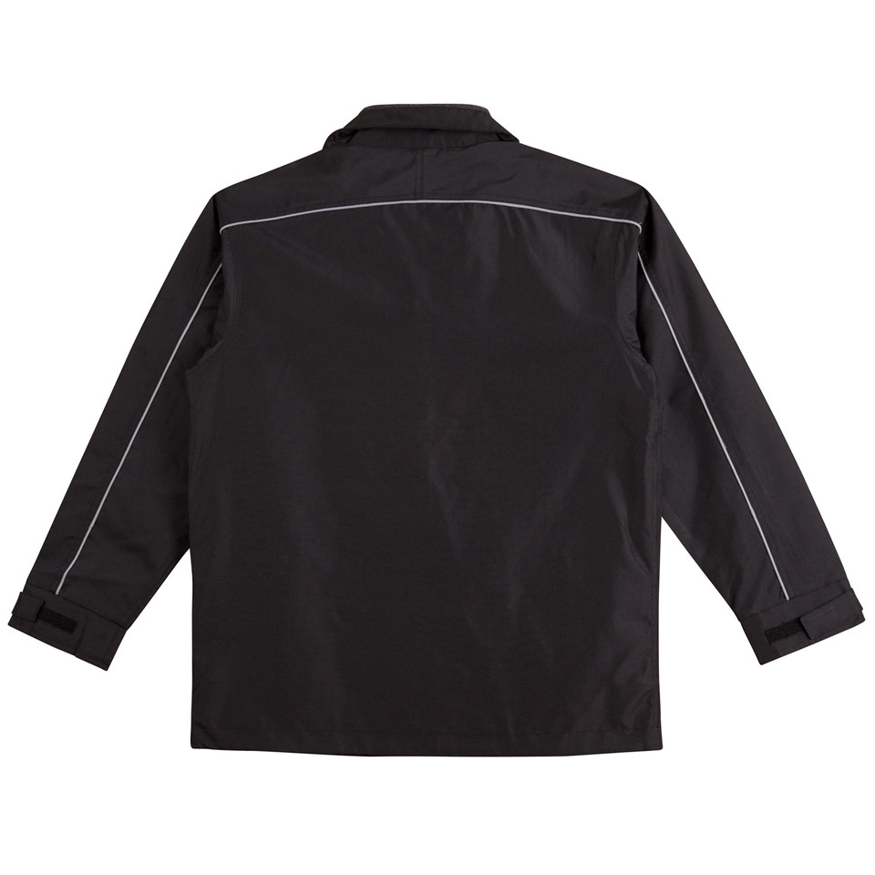Back view of black long-sleeve shell jacket with white reflective piping along yoke and sleeves