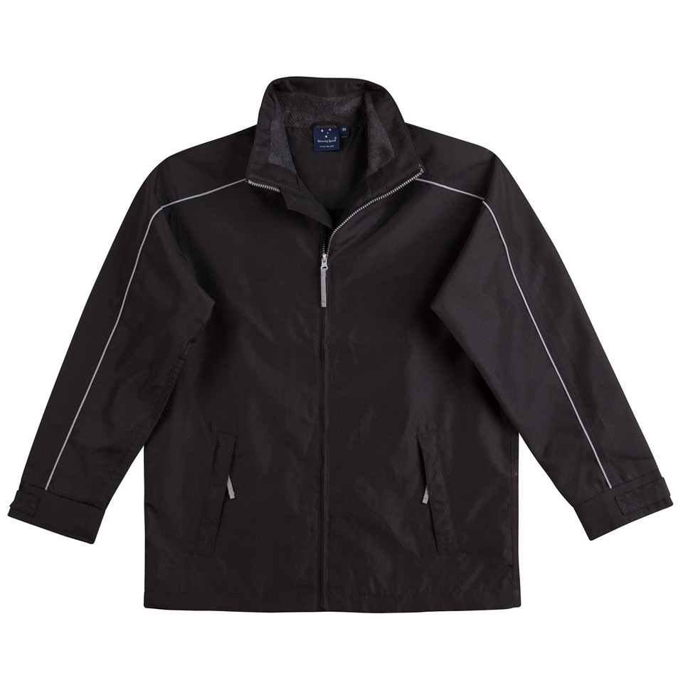 Black sports jacket with reflective piping detail along shoulders and sleeves, full-length zip, two lower pockets