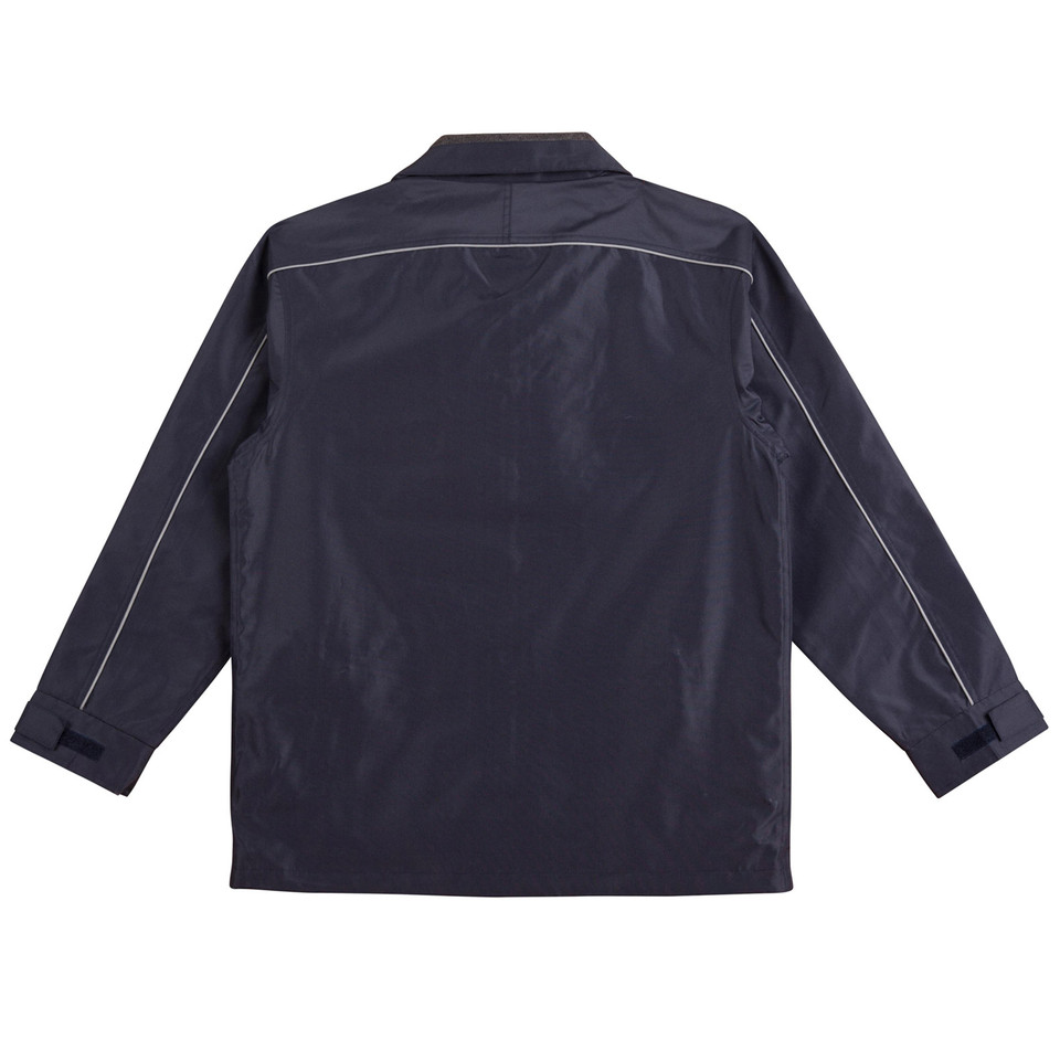 Navy blue sports jacket with reflective piping detail along shoulders and sleeves, back view